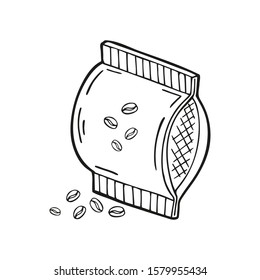 Hand drawn coffee beans in bag or coffee packaging. In doodle style, black outline isolated on a white background. Cute element for card, social media banner, stickers. Vector illustration.