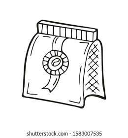 Hand drawn coffee beans in bag or coffee packaging. In doodle style, black outline isolated on a white background. Cute element for card, social media banner, stickers. Vector illustration.