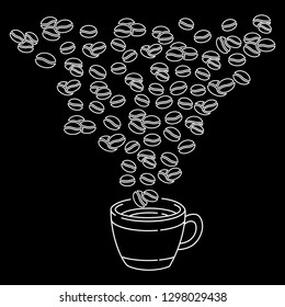 Hand drawn coffee beans and Coffee cup doodle style, isolated on black background. Ink drawing, coffee seeds. Packaging design, wallpaper, banner etc. Vector Illustration