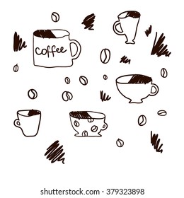 Hand drawn coffee beans and cups set. Vector illustration