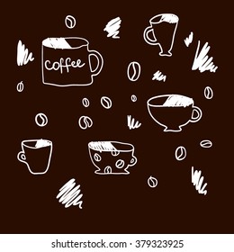 Hand drawn coffee beans and cups set. Vector illustration
