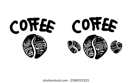 Hand drawn coffee beans of doodle style. Vector illustration. A hand-drawn coffee beans.. A collection of hand-drawn shapes  some filled with dark liquid.