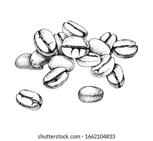 Hand drawn coffee beans heap. Monochrome vector illustration in retro style