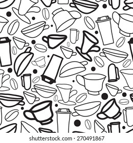 Hand drawn coffee with black and white seamless simple trendy doodles pattern 