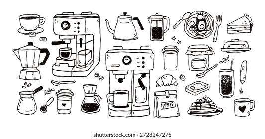 Hand Drawn Coffee and Breakfast Doodle Set. Doodle lineart style featuring mugs, espresso, and cozy morning kitchen vibes. Sketch style for menu design, coffeehouse branding, and cozy culinary.