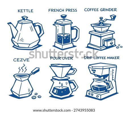 hand drawn coffee brewing equipment set including kettle, french press, grinder, cezve pour over and drip coffee maker. Barista and specialty coffee vector illustration.