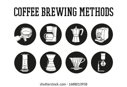 Hand drawn coffee brewing method icons. Pour over, espresso, percolator, coffee machine.