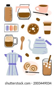 Hand drawn coffee, cafe food and coffeemaker elements cartoon art illustration