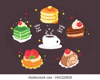 Dibujo de dibujos animados de café y tarta dibujado a mano