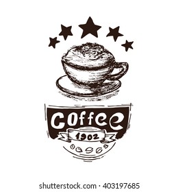 Hand Drawn Coffee Cappuccino Vector Illustration. Coffee Cappuccino Vintage Logo.