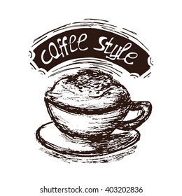 Hand Drawn Coffee Cappuccino Vector Illustration. Coffee Cappuccino Vintage Logo.