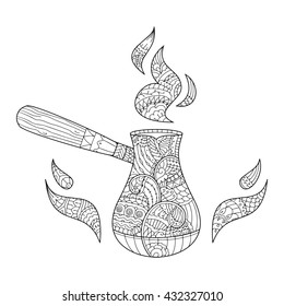 Hand drawn coffee in cezve in zentangle style. Vector illustration. Zendoodle. Adult coloring page.