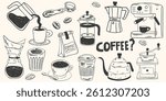 Hand drawn coffee chalk vector illustrations. Minimalist line art. Vector illustration of coffee icons crayon drawing style. Illustration for invitations, menus design, social media. La dolce vita.