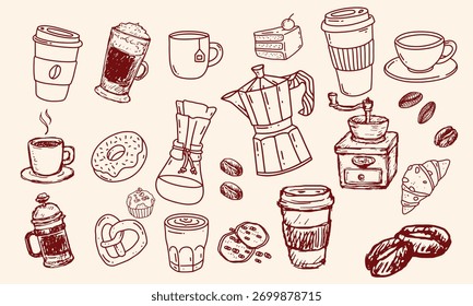 Handgezeichnete Vektorgrafiken aus Kaffeekreide. Minimalistische Linie Kunst. Vektorgrafik von Kaffee-Icons Stift Zeichnung. Illustration für Einladungen, Menügestaltung, Social Media. La dolce vita