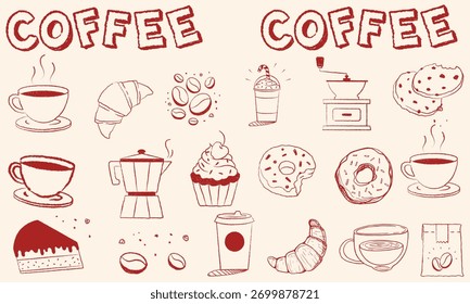 Ilustraciones vectoriales de tiza de café dibujadas a mano. Arte de línea minimalista. Ilustración vectorial de iconos de café estilo de dibujo de crayón. Ilustración para invitaciones, diseño de menús, redes sociales. La dolce vita
