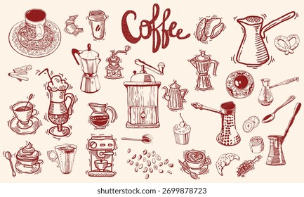 Hand drawn coffee chalk vector illustrations. Minimalist line art. Vector illustration of coffee icons crayon drawing style. Illustration for invitations, menus design, social media. La dolce vita