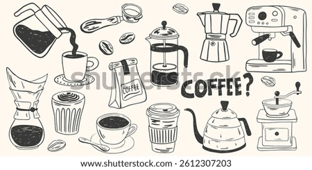 Hand drawn coffee chalk vector illustrations. Minimalist line art. Vector illustration of coffee icons crayon drawing style. Illustration for invitations, menus design, social media. La dolce vita.
