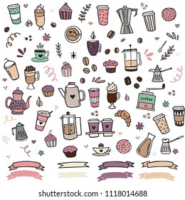 Hand drawn coffee clipart collection. Sketch style vector illustration.