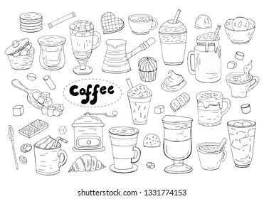 Hand drawn coffee collection on white background. Vector outline coffee set