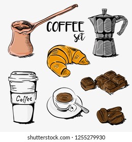 Hand Drawn Coffee Collection. Vector  Illustration Set With Turkish Cezve, Cup, Coffee Beans, Croissant, Coffee Maker
