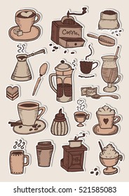Hand drawn coffee colorfu sticker sketchl set