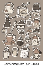 Hand drawn coffee colorful sticker sketch set