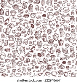 hand drawn coffee and confectionery seamless background