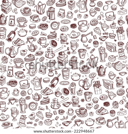 hand drawn coffee and confectionery seamless background
