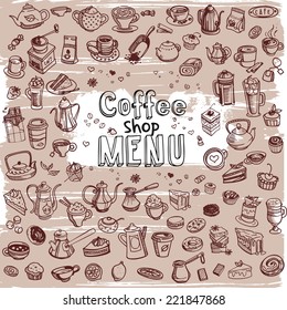 café desenhado à mão e conjunto de confeitaria, ilustração vetorial