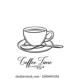 Hand drawn coffee cup badge icon for design cafe menu and promotion coffee house. Sketch retro style.