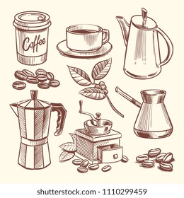 Hand drawn coffee cup, beans, leaves, coffeepot and coffee grinder vector illustration. Grinder coffee, cup or mug sketch espresso