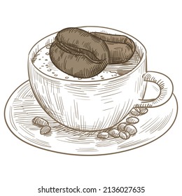 Hand Drawn Coffee Cup With Coffee Beans Vector Illustration. Coffee Shop Logo Design Elements
