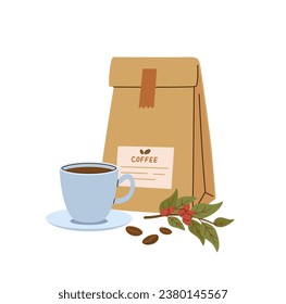 Hand drawn coffee cup and beans in paper package vector illustration. Hot drink, cappuccino, espresso. Print for shop, cafeteria, web design