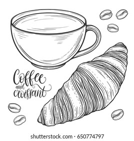 Hand drawn coffee cup, coffee beans and croissant. Isolated on white background. Decorative doodle vector illustration