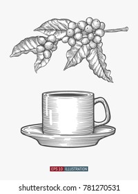 Hand drawn coffee cup with branch. Template for your design works. Engraved style vector illustration.