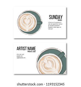 Hand drawn coffee cup business card. Hot drink flyer, personal decoration. Irish coffee latte cool desidn. Unique personal arabica breakfast illustration