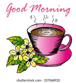 Hand drawn coffee cup and card with good morning lettering illustration