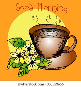 Hand drawn coffee cup and card with good morning lettering illustration