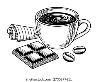 Xícara de café desenhada à mão com barra de chocolate e grãos de café um fundo branco