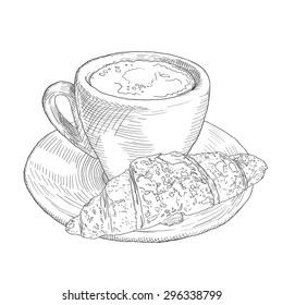 Hand drawn coffee cup with a croissant. Vintage lllustration with fill and outline. French breakfast.
