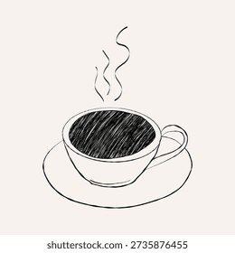 Hand drawn coffee cup design. Coffee mug with steam sketch style. Perfect for cafe menus, icons, coffee shop branding, morning beverage concepts. Vector illustration.