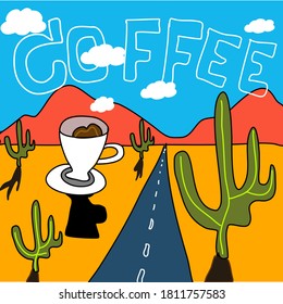 taza de café dibujada a mano en postre en la montaña naranja con cactus y el camino en cielo azul con palabras de café en el vector de dibujos animados del cielo.