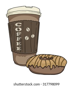 Hand drawn, Coffee cup with a doughnut on the side, vector illustration isolated on white