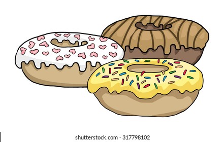 Hand drawn, Coffee cup with a doughnut on the side, vector illustration isolated on white