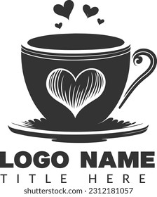 Hand drawn coffee cup with heart logo vector illustration isolated on white background.