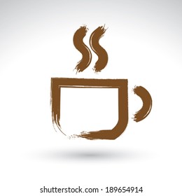Icono de taza de café dibujada a mano, símbolo de café dibujado con pincel, ilustración vectorial de un símbolo de té pintado a mano aislado en fondo blanco.