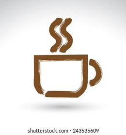 Hand drawn coffee cup icon, brush drawing cafe sign, vector illustration of a hand-painted teacup symbol isolated on white background.