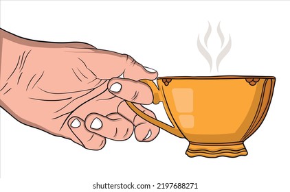 Hand drawn coffee cup in hand illustration. International Coffee Day. 