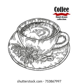 Hand drawn coffee cup isolated on white background. Vector illustration engraved.