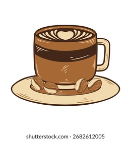 Hand Drawn of Coffee Cup with Latte Art and Coffee Beans